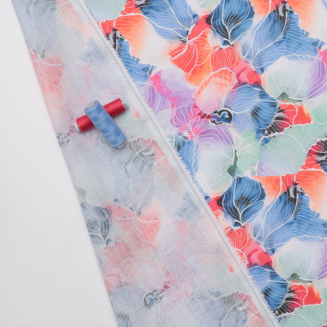 Linen - Digital Print - Blue Red Fuchsia