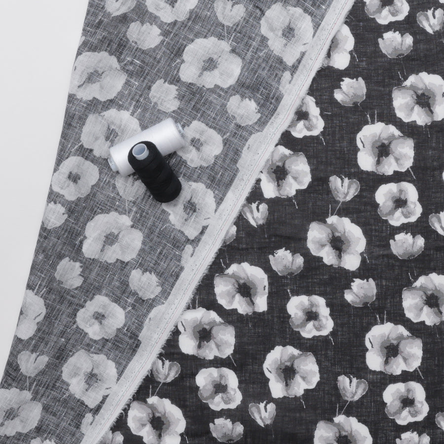 Linen - Digital Print - Poppies - Black White