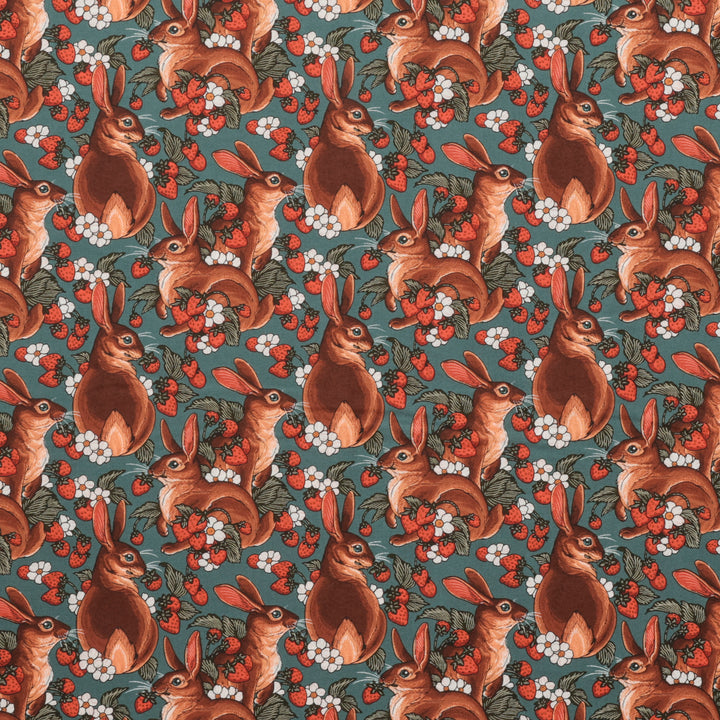 Rachel Hauer - Cotton - Garden Bed - Rabbits - Turquoise