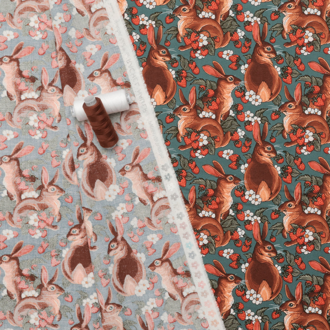 Rachel Hauer - Cotton - Garden Bed - Rabbits - Turquoise