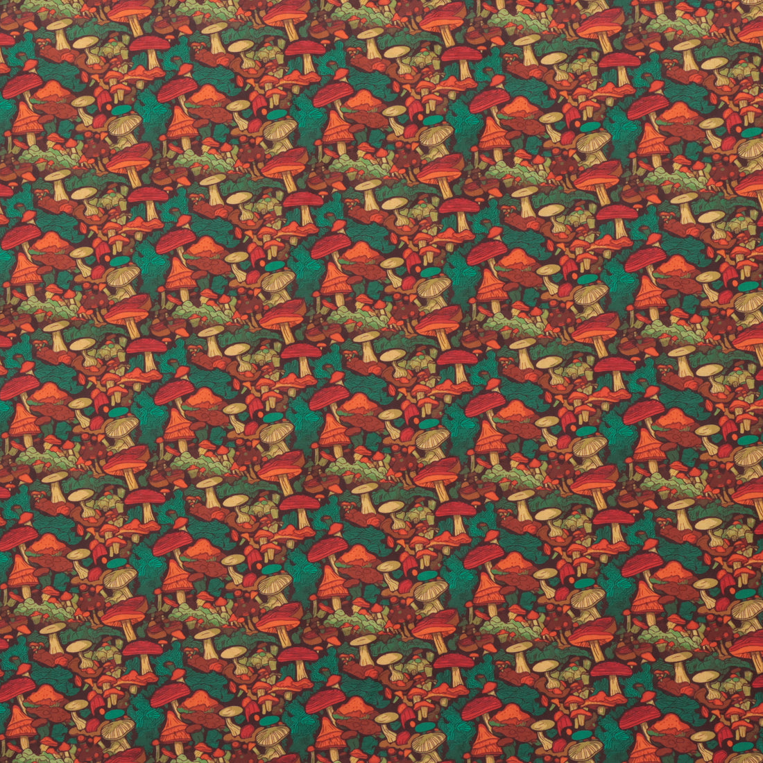 Cotton - Woven - Print - Mushrooms - Green Orange