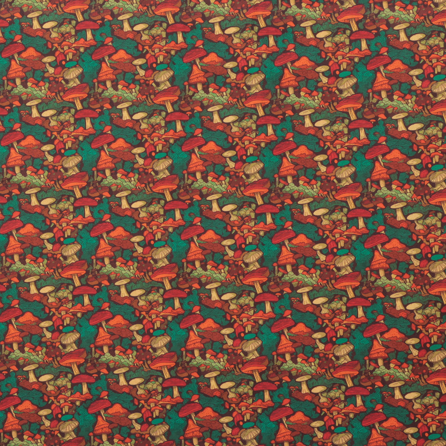 Cotton - Woven - Print - Mushrooms - Green Orange