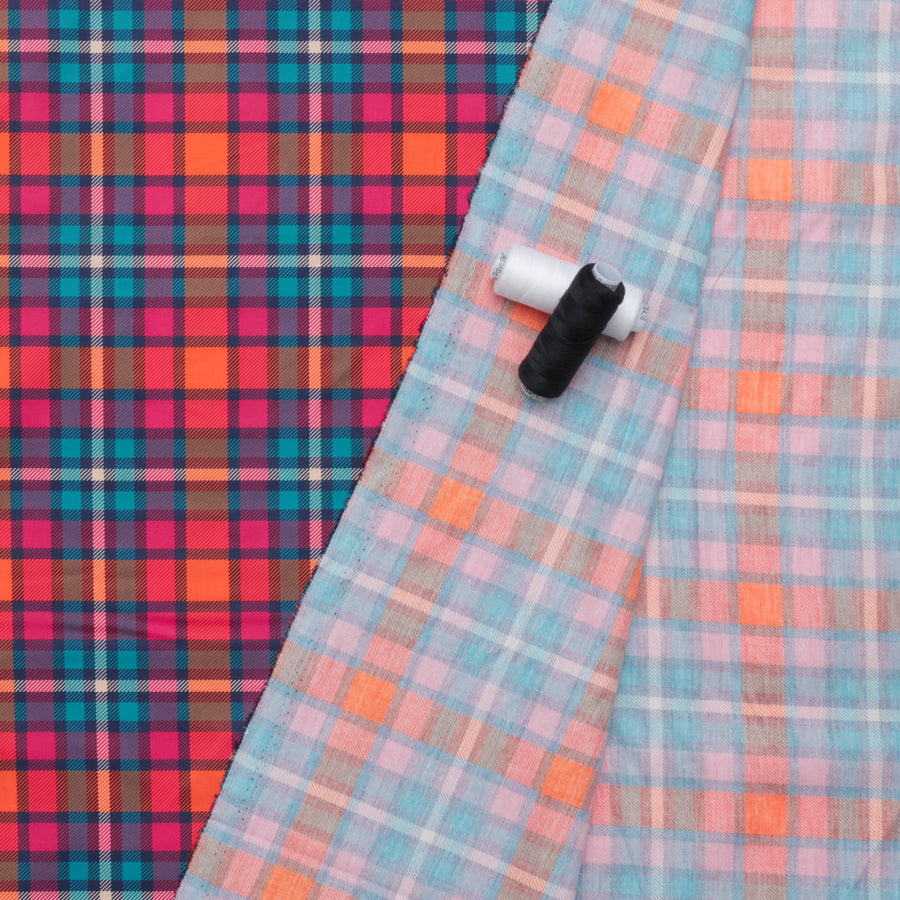 Cotton - Woven - Digital Tartan Print - Teal Pink