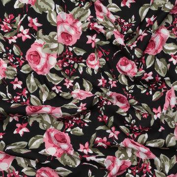 Rayon - Challis Print - Roses Black Pink