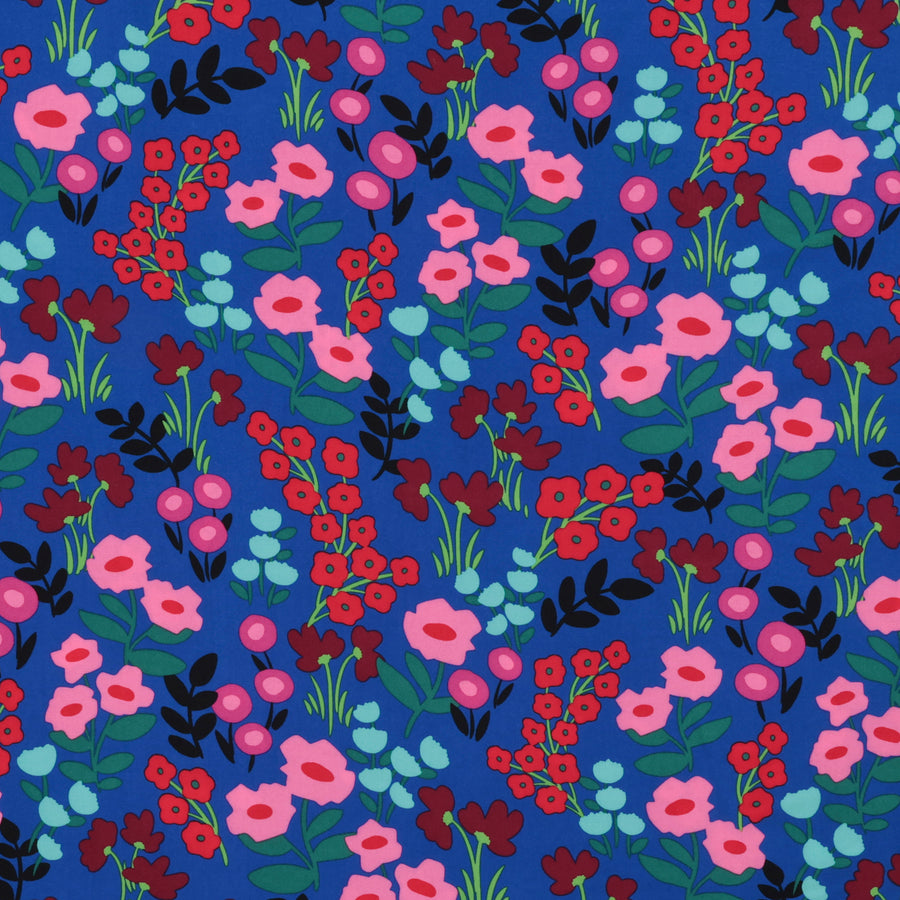 Rayon - Challis Print - Flowers Blue Pink