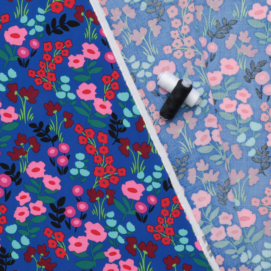 Rayon - Challis Print - Flowers Blue Pink