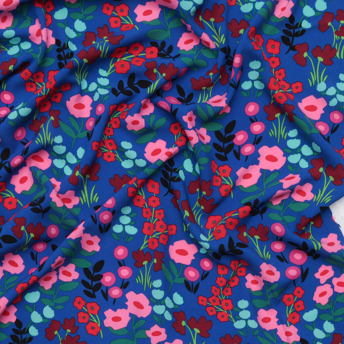 Rayon - Challis Print - Flowers Blue Pink